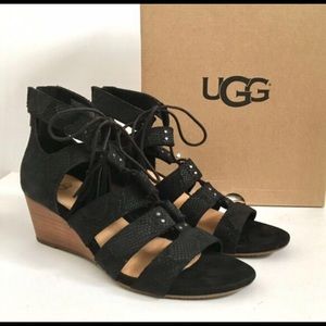 Yasmin Snake Gladiator Wedge Black Leather